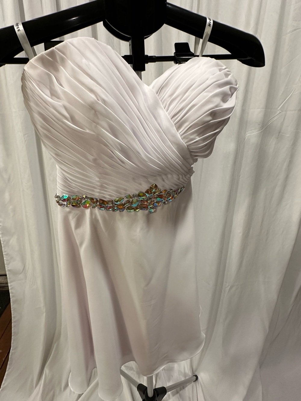 White Pleated Strapless Homecoming or Prom Dress with Jeweled Waist
